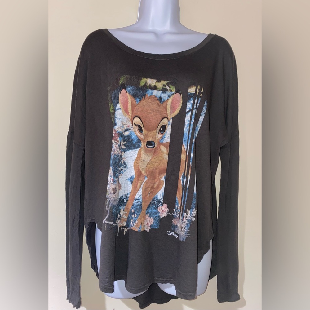 New vintage junk food clothing graphic tee gray Bambi Disney tee long sleeve top